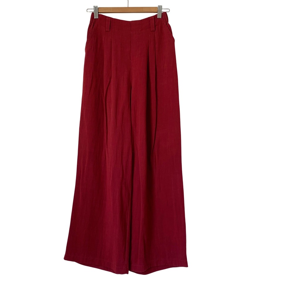Halara Wide Leg Pant Women XS Red Pleated High Waisted Palazzo Linen-Feel Career